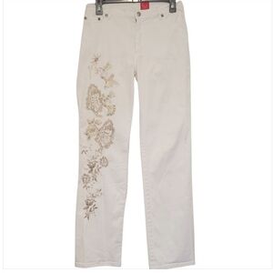 Very Vera Women's Gold Floral Embroidery White Straight Jeans Pants